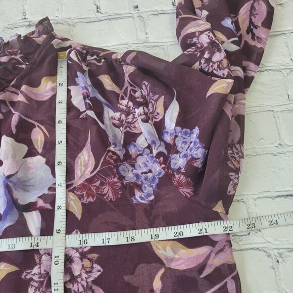 WHITE HOUSE BLACK MARKET BURGUNDY & PINK MULTICOLOR FLORAL RUFFLE BLOUSE size M - Picture 4 of 11